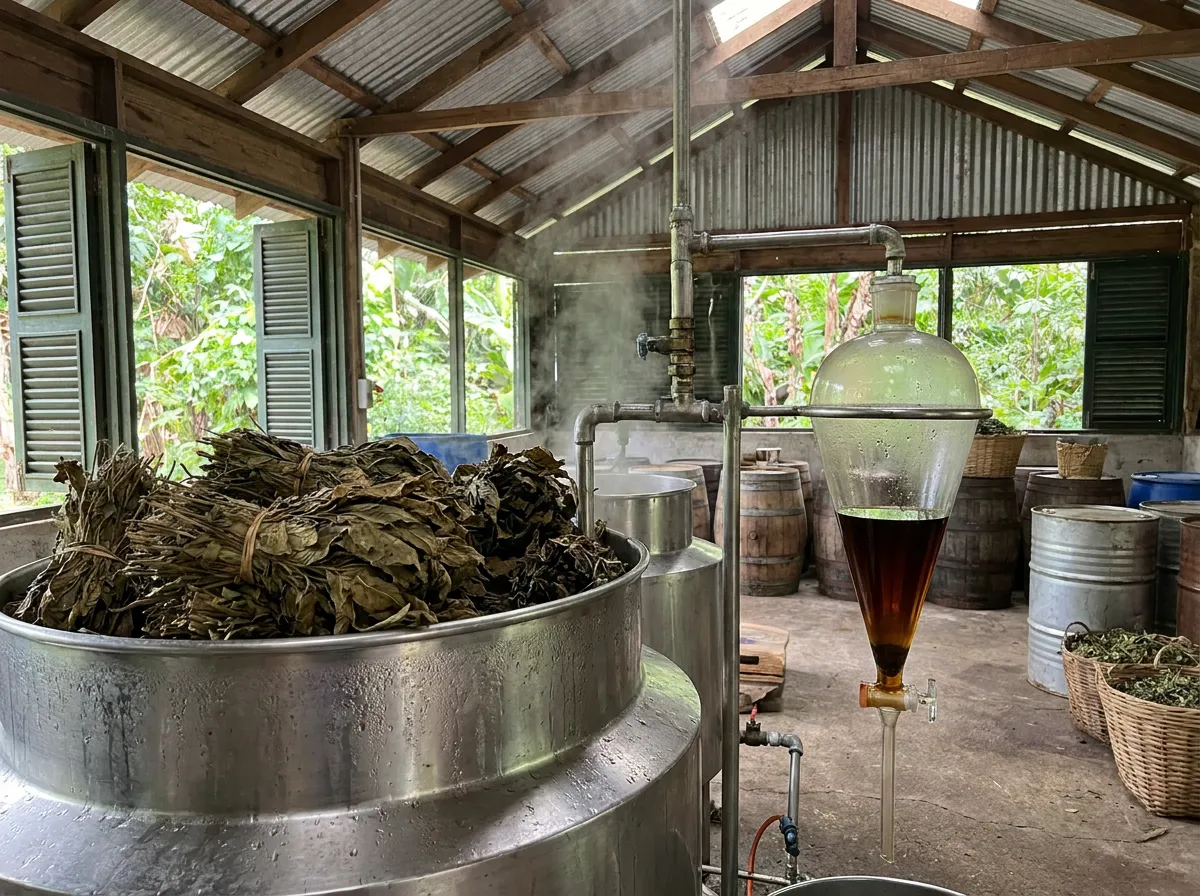 Dried fermented patchouli leaf packed into a still with dark oil collecting